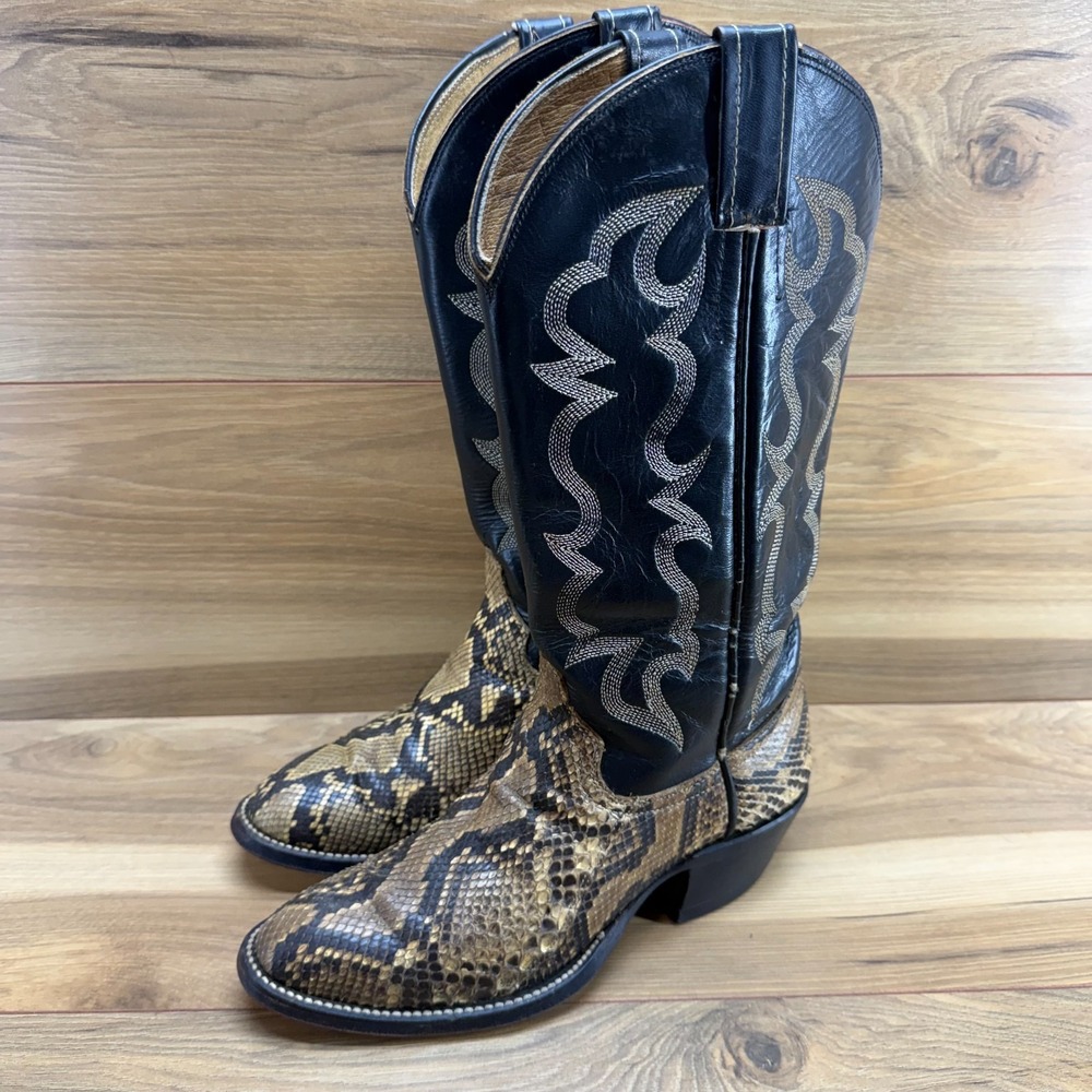 Cowtown Vintage Python Western Boots‎ Mens 6.5 D Beige Black Exotic